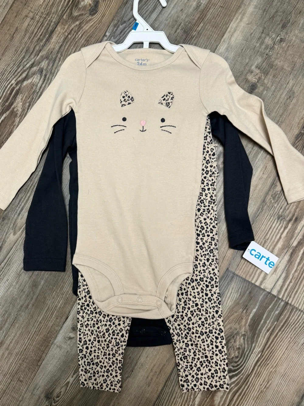 Carter's Baby 3 piece Leopard Ruffle Pant & 2 Bodysuit Set - Black & Beige